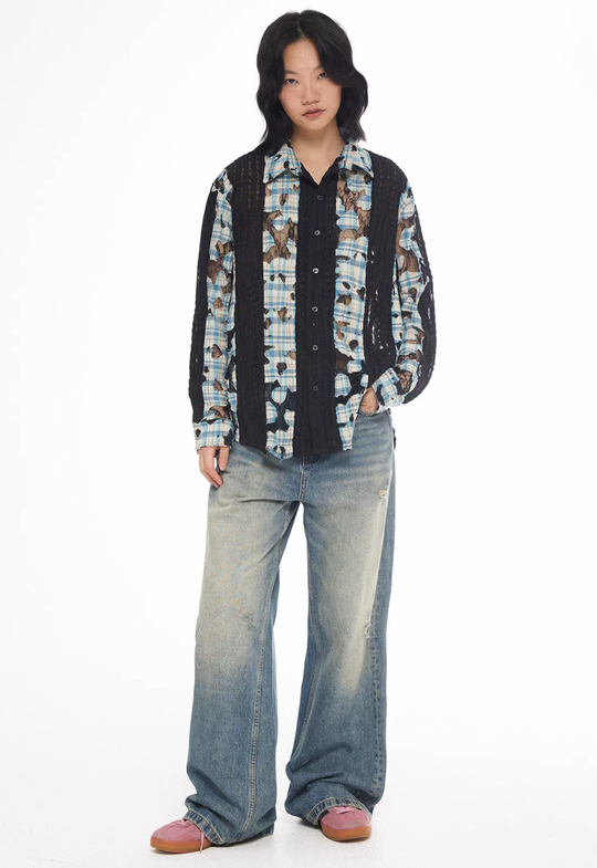 EMPTY REFERENCE Plaid Lace Patchwork Long Sleeve Shirt | Face 3 Face