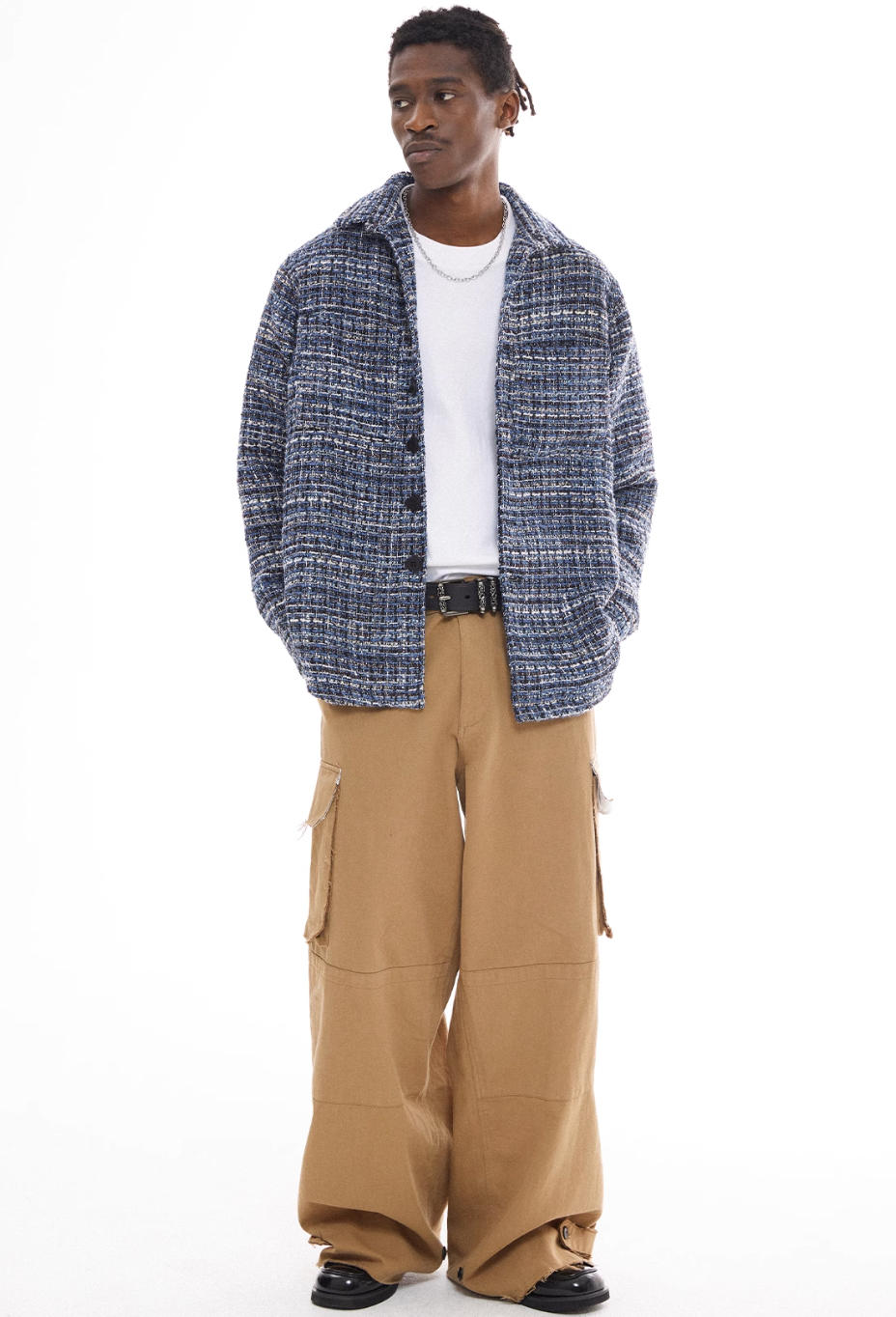 EMPTY REFERENCE Tweed Plaid Blue Long Sleeve Shirt | Face 3 Face