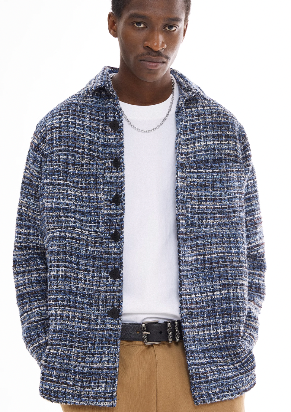 EMPTY REFERENCE Tweed Plaid Blue Long Sleeve Shirt | Face 3 Face