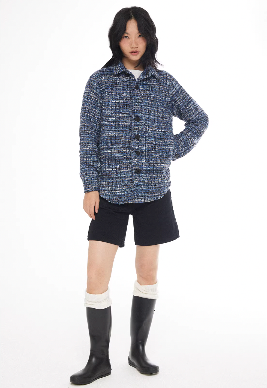 EMPTY REFERENCE Tweed Plaid Blue Long Sleeve Shirt | Face 3 Face