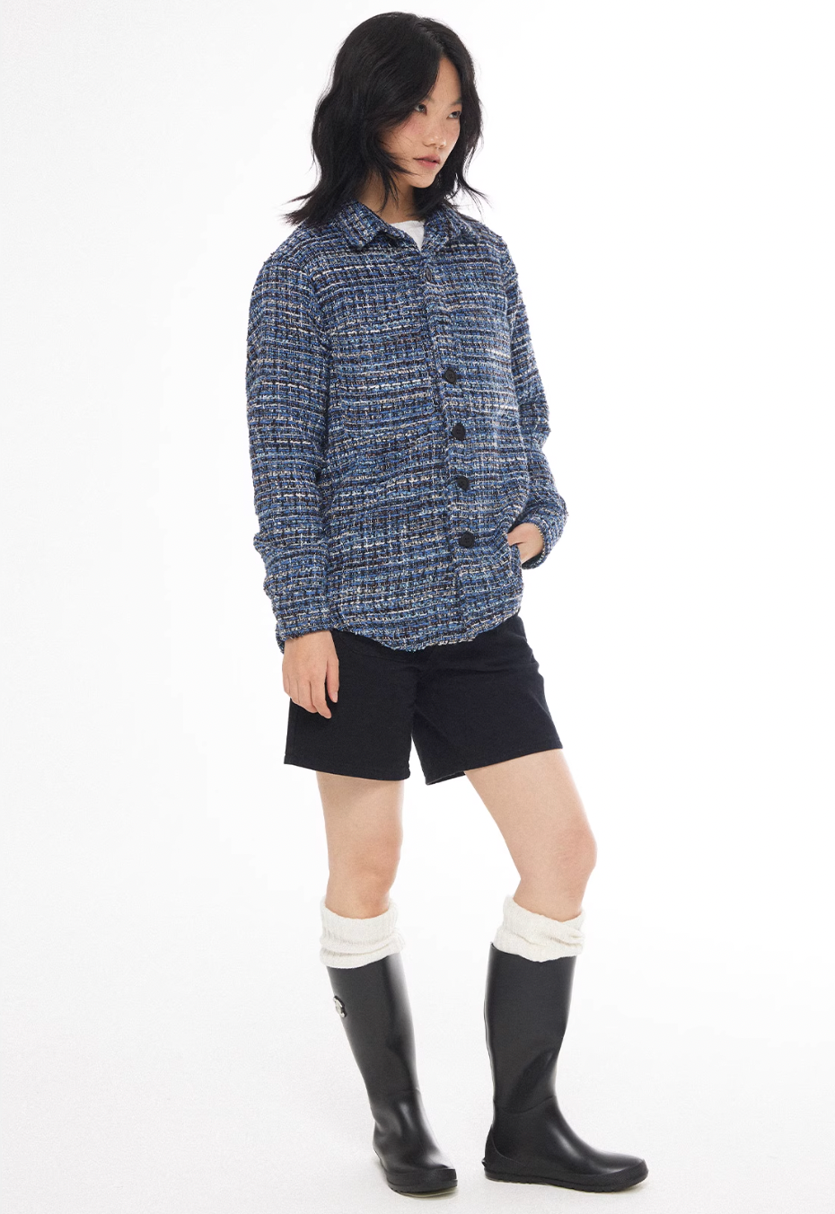 EMPTY REFERENCE Tweed Plaid Blue Long Sleeve Shirt | Face 3 Face