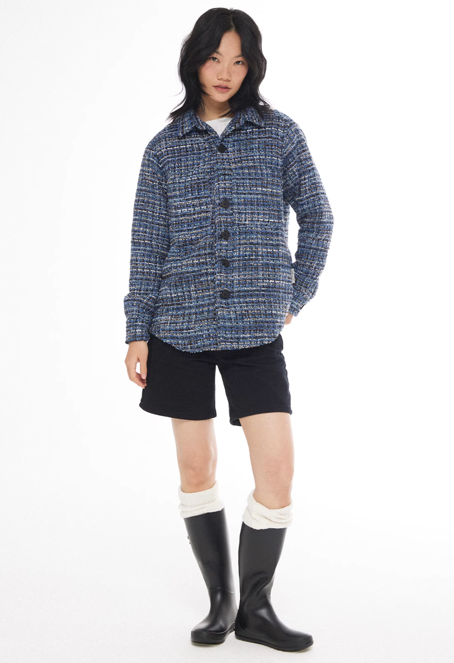 EMPTY REFERENCE Tweed Plaid Blue Long Sleeve Shirt | Face 3 Face