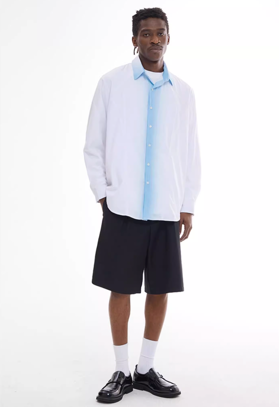 EMPTY REFERENCE White Blue Stripe Gradient Long Sleeve Shirt | Face 3 Face