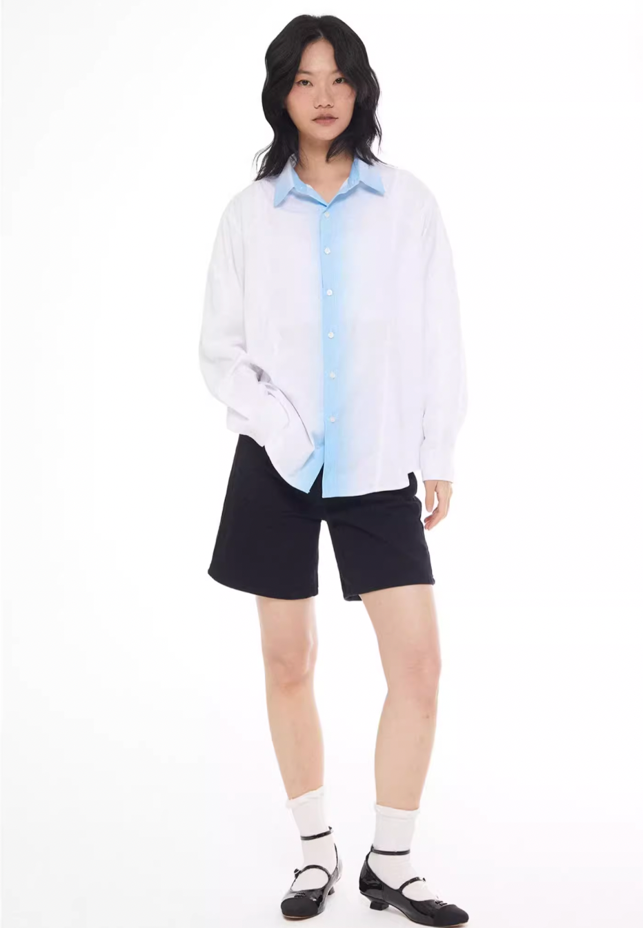 EMPTY REFERENCE White Blue Stripe Gradient Long Sleeve Shirt | Face 3 Face