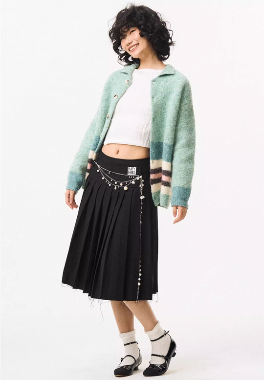 EMPTY REFERENCE Green Striped Wool Knit Cardigan | Face 3 Face