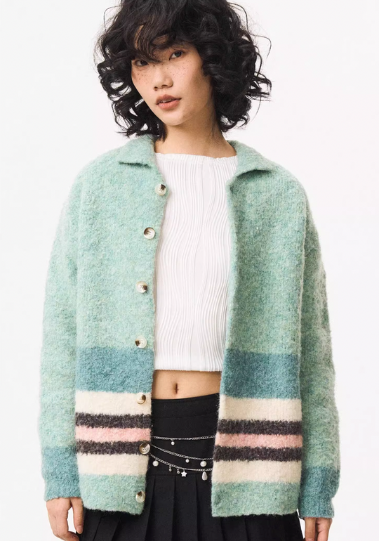 EMPTY REFERENCE Green Striped Wool Knit Cardigan | Face 3 Face