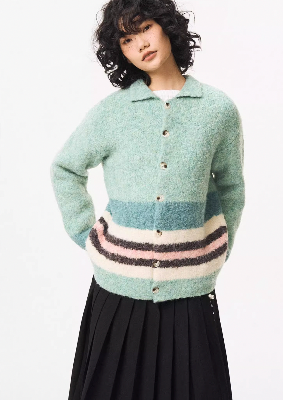 EMPTY REFERENCE Green Striped Wool Knit Cardigan | Face 3 Face