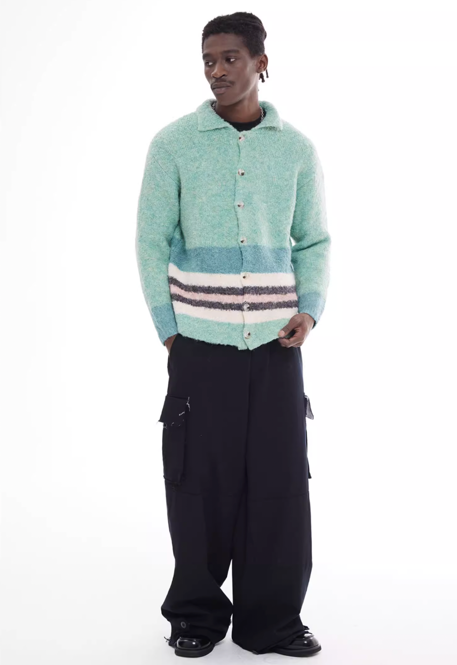 EMPTY REFERENCE Green Striped Wool Knit Cardigan | Face 3 Face