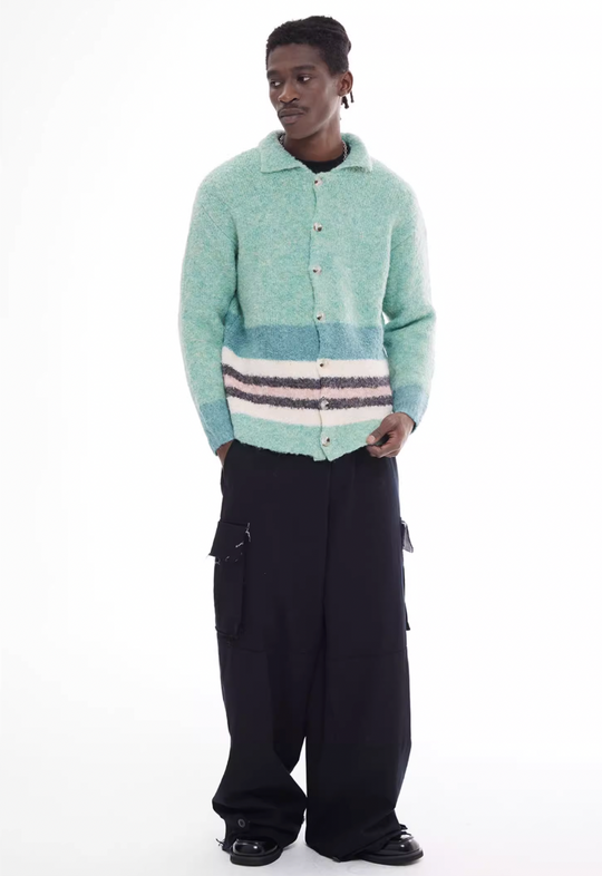 EMPTY REFERENCE Green Striped Wool Knit Cardigan | Face 3 Face