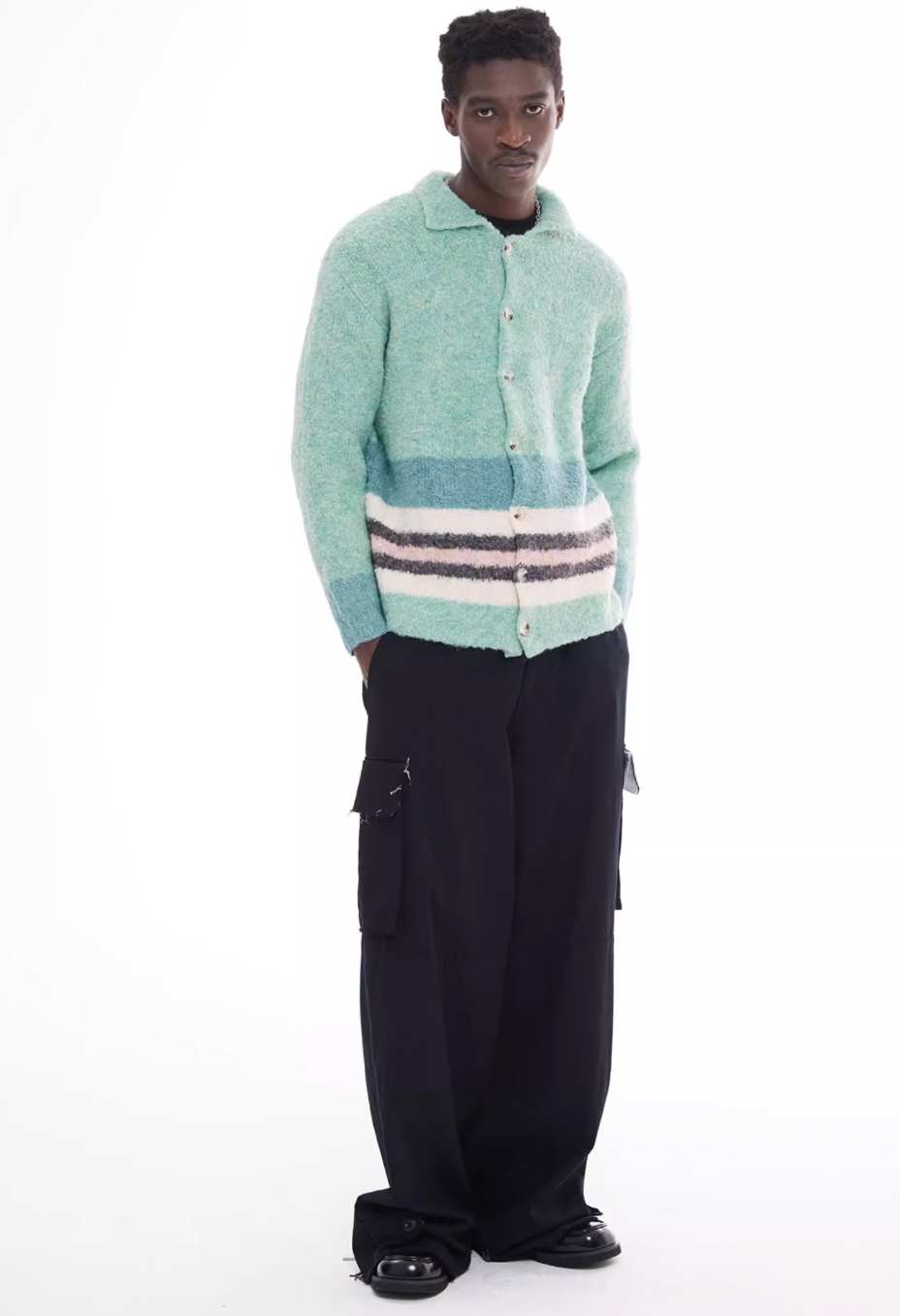 EMPTY REFERENCE Green Striped Wool Knit Cardigan | Face 3 Face