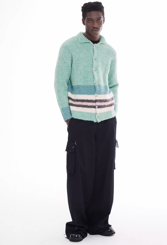 EMPTY REFERENCE Green Striped Wool Knit Cardigan | Face 3 Face