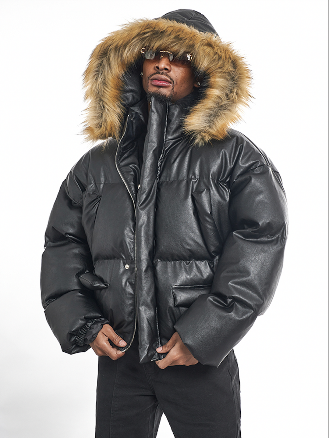 F3F Select Fur Hooded Removable PU Leather Puffer Jacket | Face 3 Face