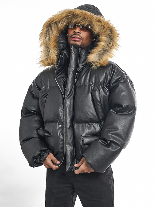 F3F Select Fur Hooded Removable PU Leather Puffer Jacket | Face 3 Face