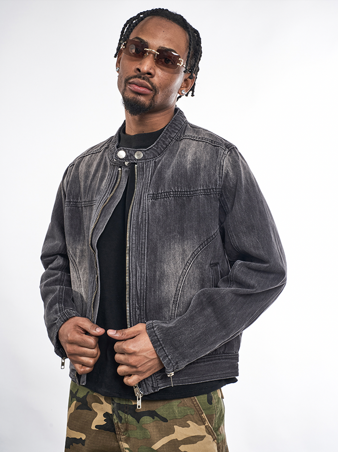 F3F Select Double Rivet Button Washed Denim Motorcycle Jacket | Face 3 Face