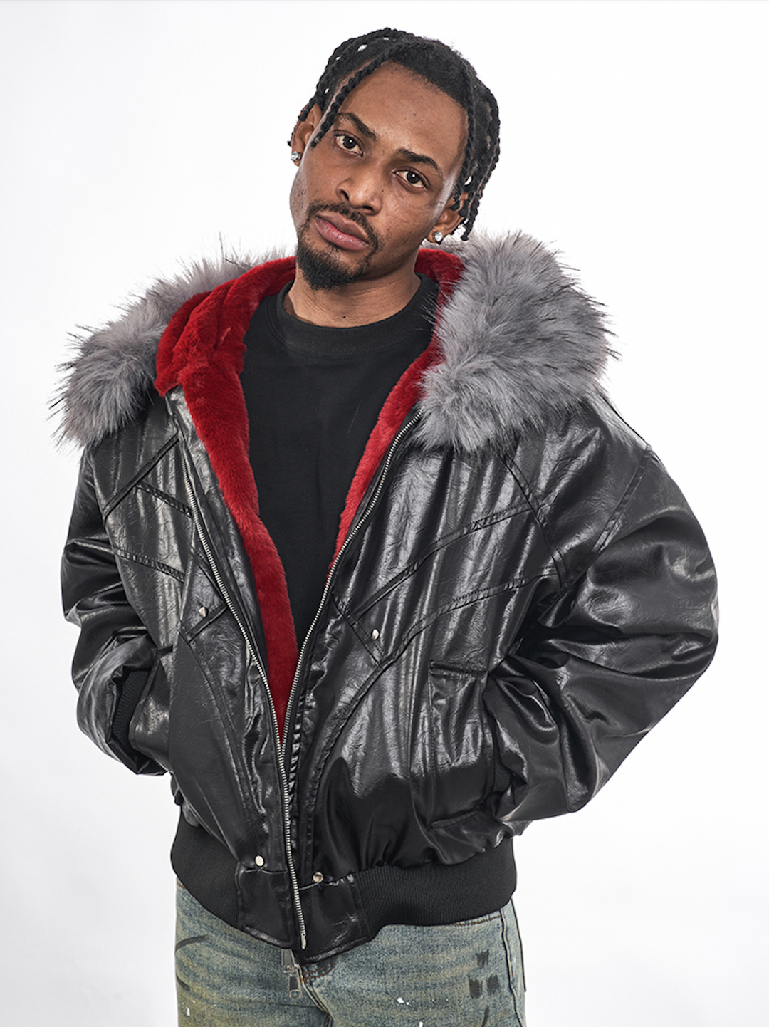 F3F Select Red Velvet Lining PU Leather Fur Hooded Bomber Jacket | Face 3 Face