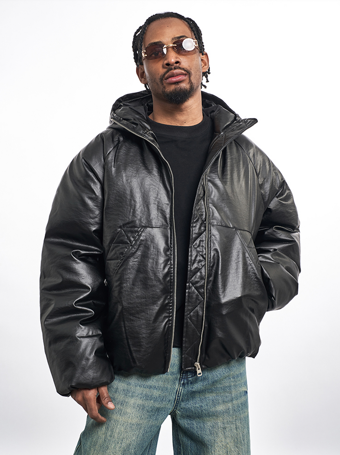 F3F Select Windproof Hooded PU Leather Puffer Bomber Jacket | Face 3 Face