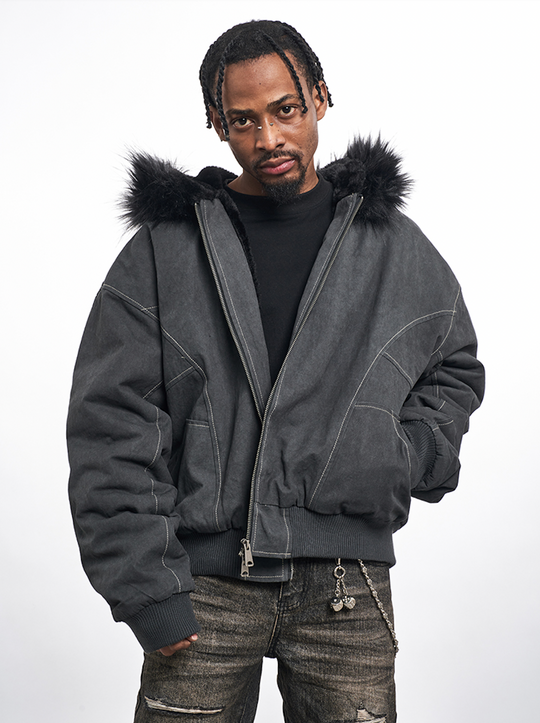 F3F Select Washed Deconstruction Fur Hooded Bomber Jacket | Face 3 Face