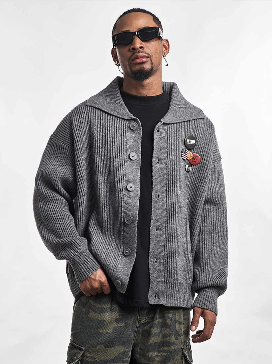 F3F Select Wide Lapel Gray Button Knit Cardigan | Face 3 Face