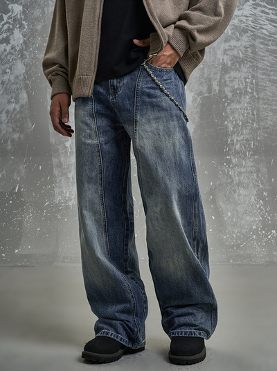 F3F Select Washed Blue Relaxed Fit Vertical Cut Jeans | Face 3 Face