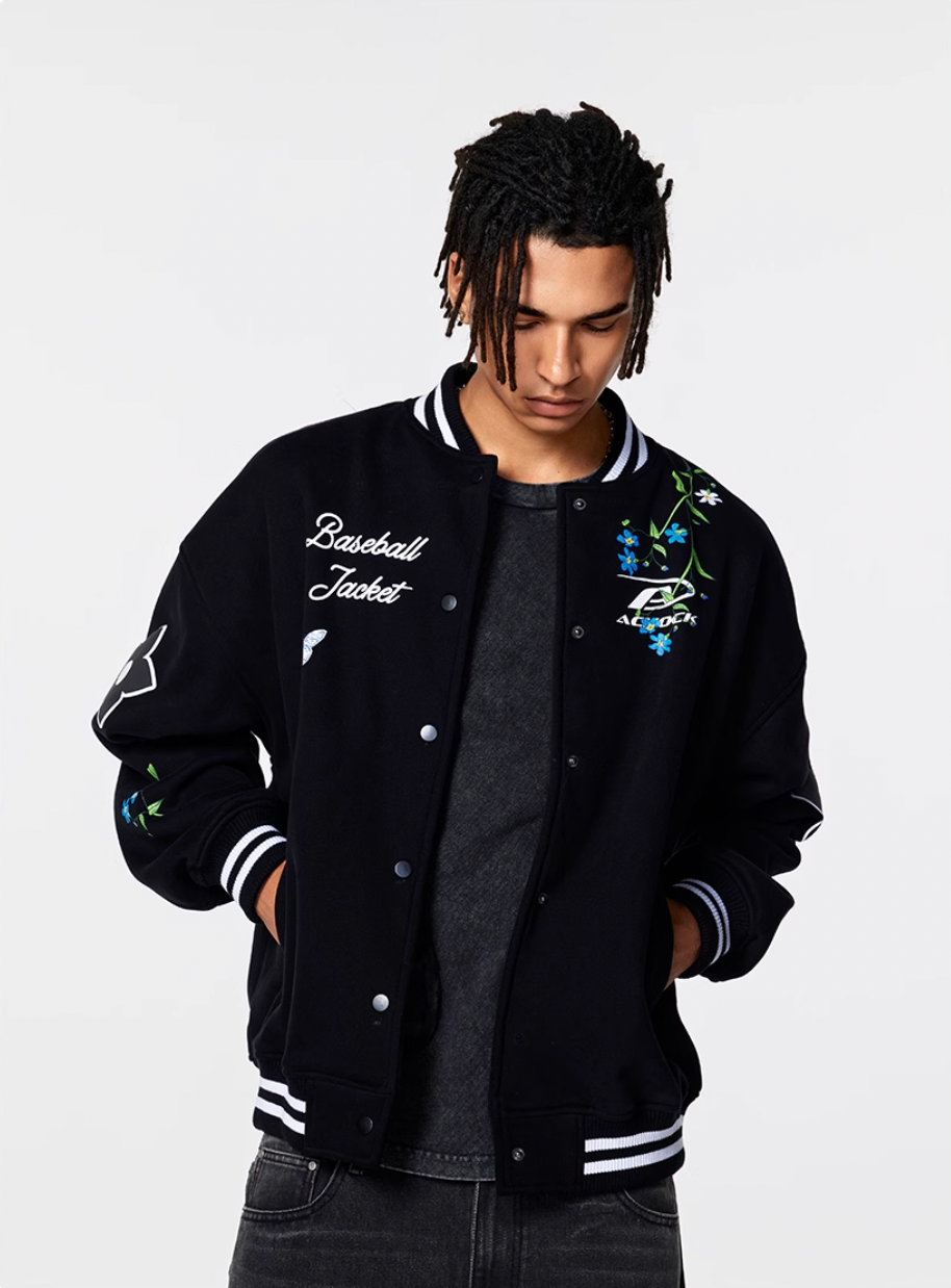 Racer varsity jacket | Achock Floral Foam Printed Varsity Jacket | Face 3 Face