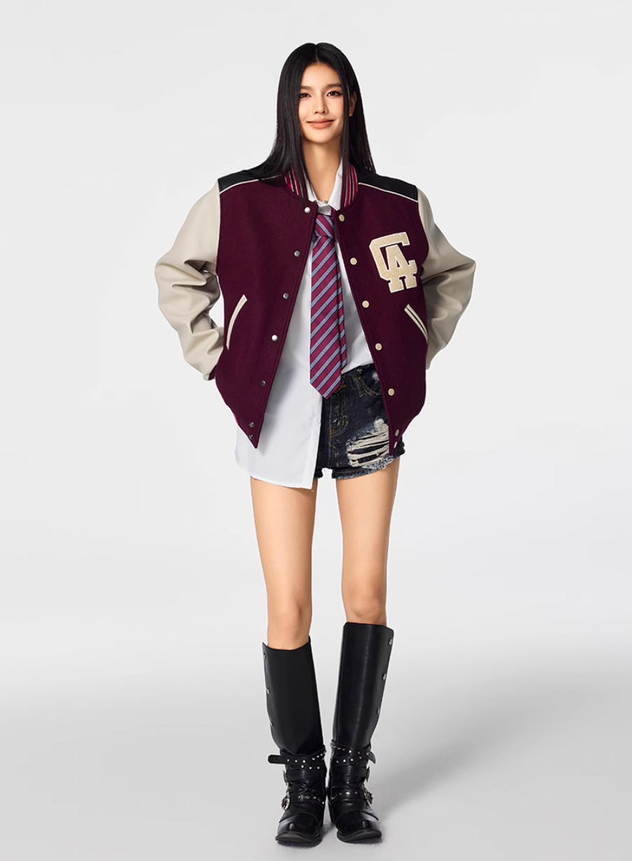 Racer varsity jacket | Achock College Embroidery Navy Blue Varsity Jacket | Face 3 Face