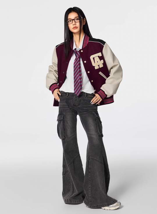 Racer varsity jacket | Achock College Embroidery Navy Blue Varsity Jacket | Face 3 Face