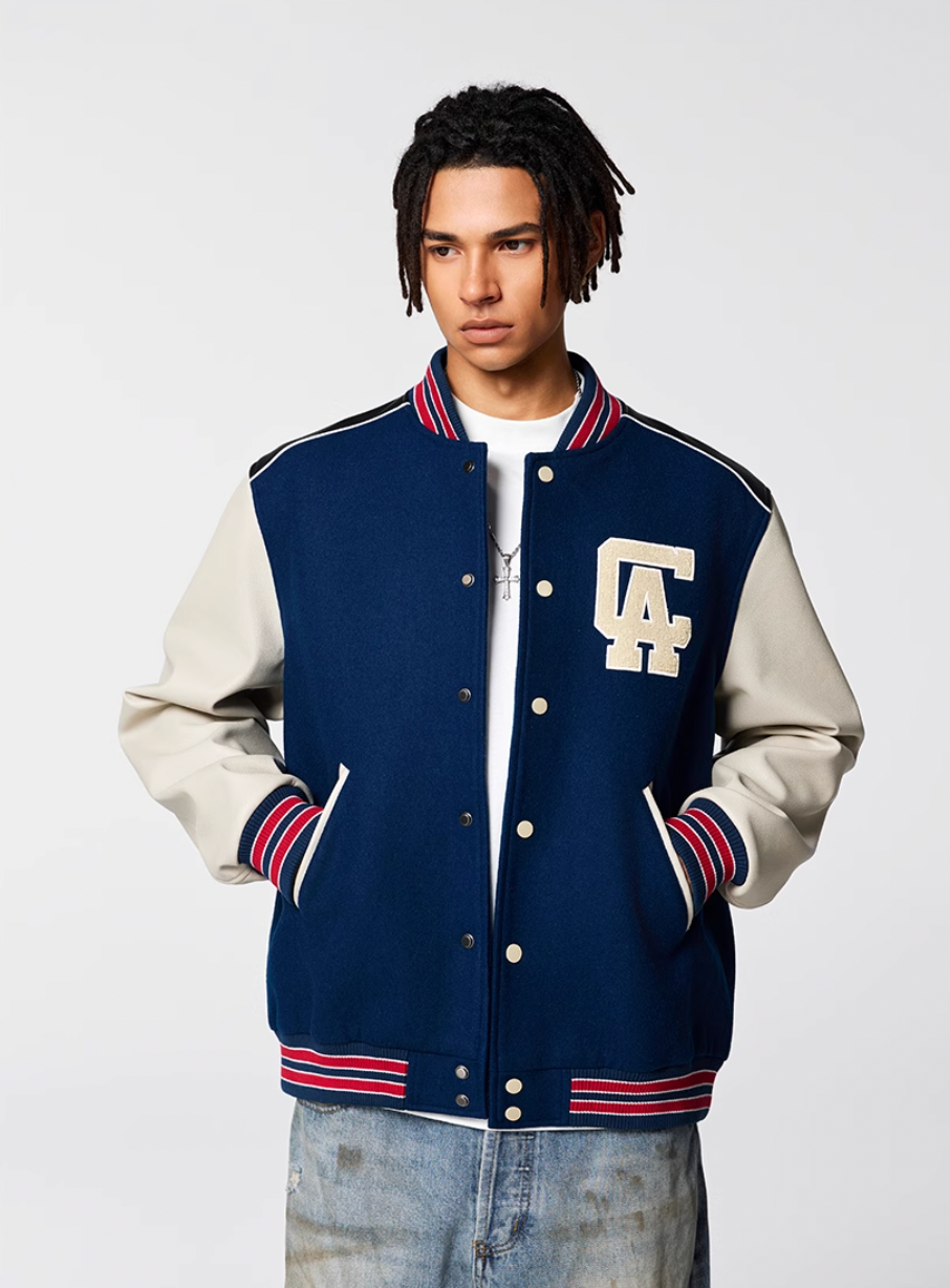 Racer varsity jacket | Achock College Embroidery Navy Blue Varsity Jacket | Face 3 Face
