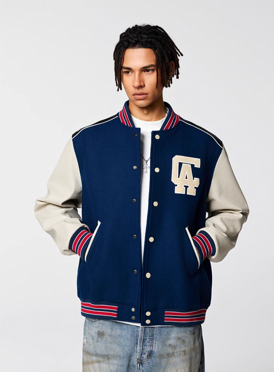 Racer varsity jacket | Achock College Embroidery Navy Blue Varsity Jacket | Face 3 Face