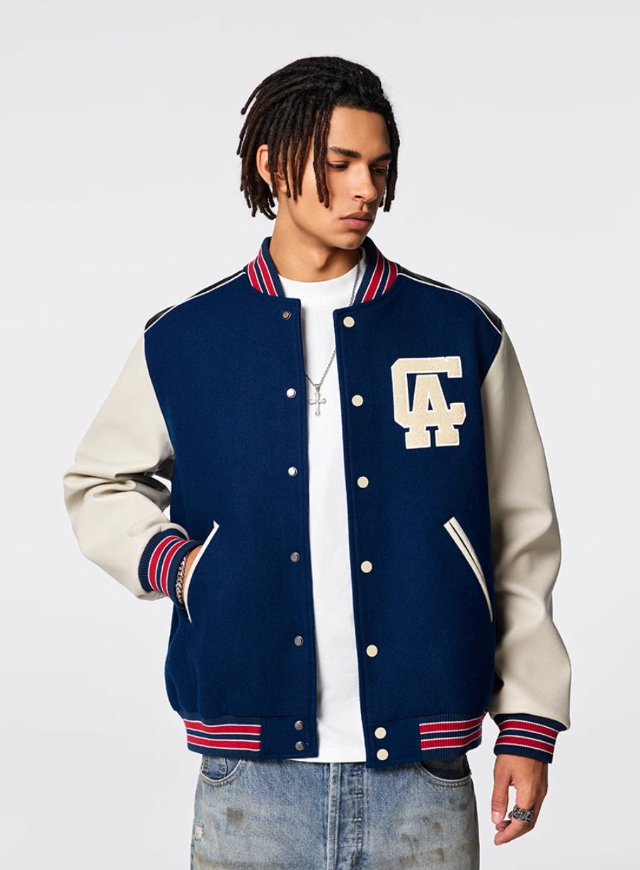 Racer varsity jacket | Achock College Embroidery Navy Blue Varsity Jacket | Face 3 Face