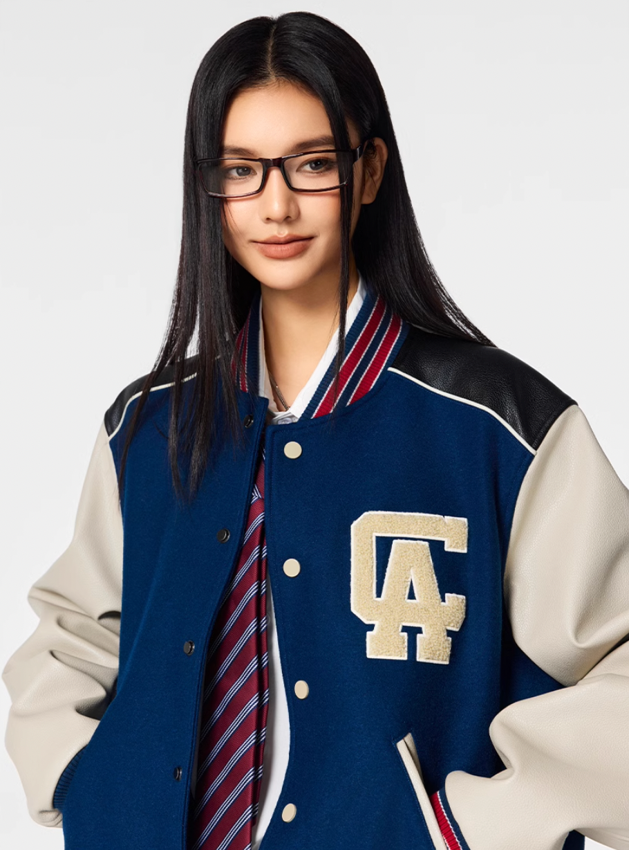 Racer varsity jacket | Achock College Embroidery Navy Blue Varsity Jacket | Face 3 Face