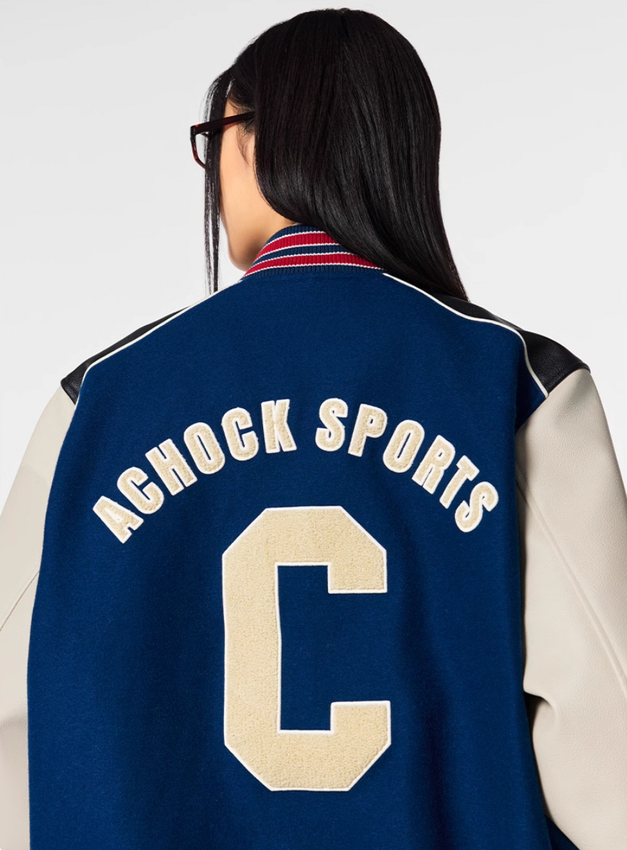 Racer varsity jacket | Achock College Embroidery Navy Blue Varsity Jacket | Face 3 Face
