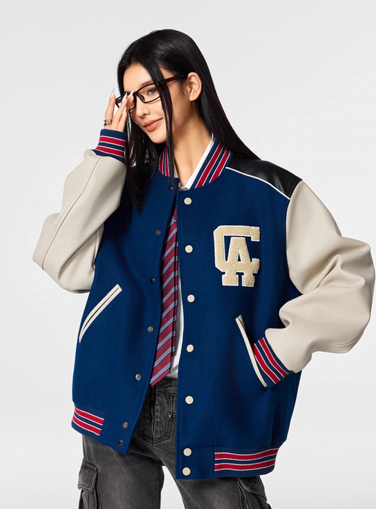 Racer varsity jacket | Achock College Embroidery Navy Blue Varsity Jacket | Face 3 Face