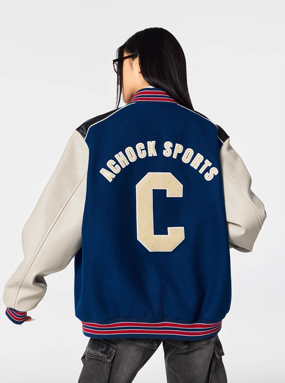Racer varsity jacket | Achock College Embroidery Navy Blue Varsity Jacket | Face 3 Face