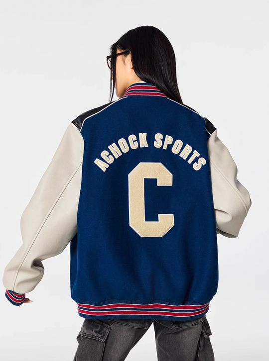 Racer varsity jacket | Achock College Embroidery Navy Blue Varsity Jacket | Face 3 Face