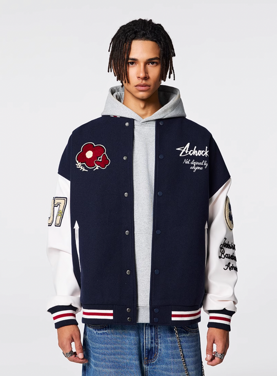 Racer varsity jacket | Achock Flower Logo Embroidery Varsity Jacket | Face 3 Face