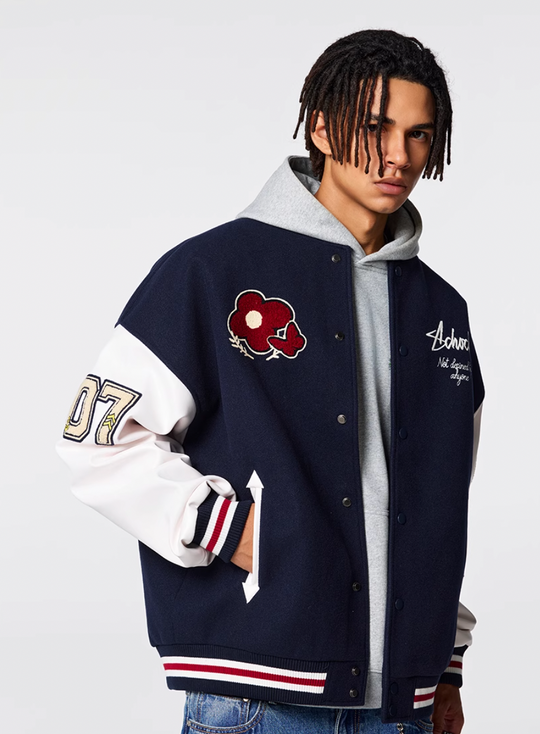 Racer varsity jacket | Achock Flower Logo Embroidery Varsity Jacket | Face 3 Face