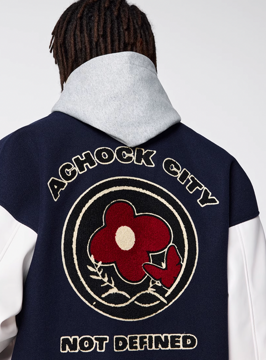 Racer varsity jacket | Achock Flower Logo Embroidery Varsity Jacket | Face 3 Face