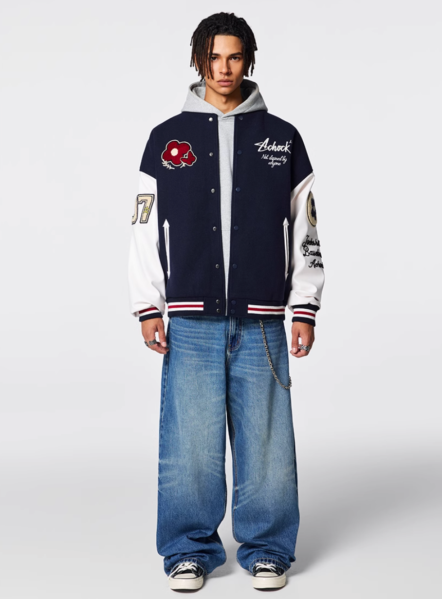Racer varsity jacket | Achock Flower Logo Embroidery Varsity Jacket | Face 3 Face