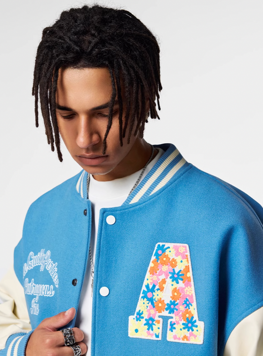 Racer varsity jacket | Achock Colorful Flower Logo Embroidery Varsity Jacket | Face 3 Face