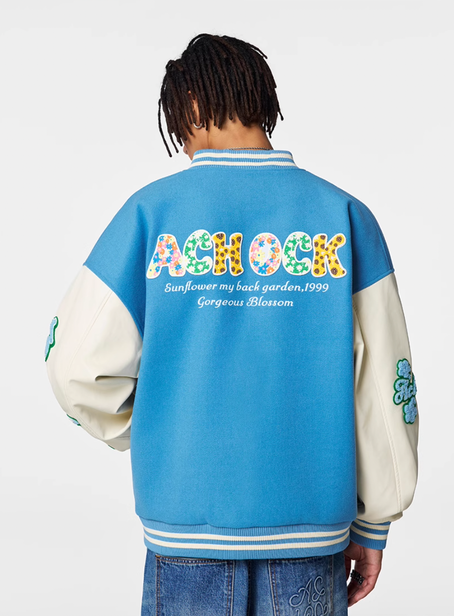 Racer varsity jacket | Achock Colorful Flower Logo Embroidery Varsity Jacket | Face 3 Face