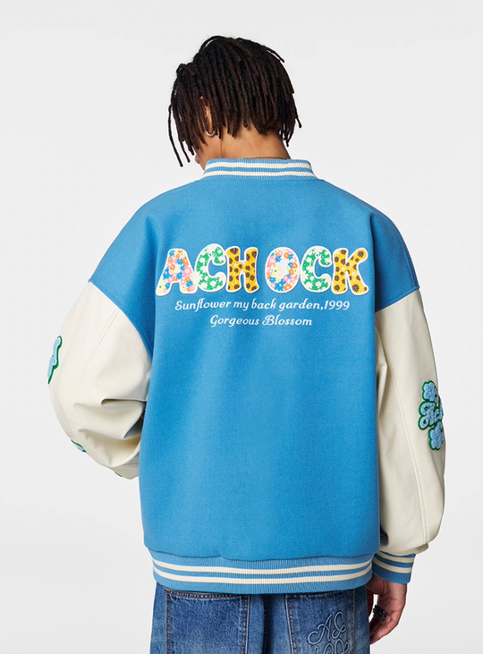 Racer varsity jacket | Achock Colorful Flower Logo Embroidery Varsity Jacket | Face 3 Face