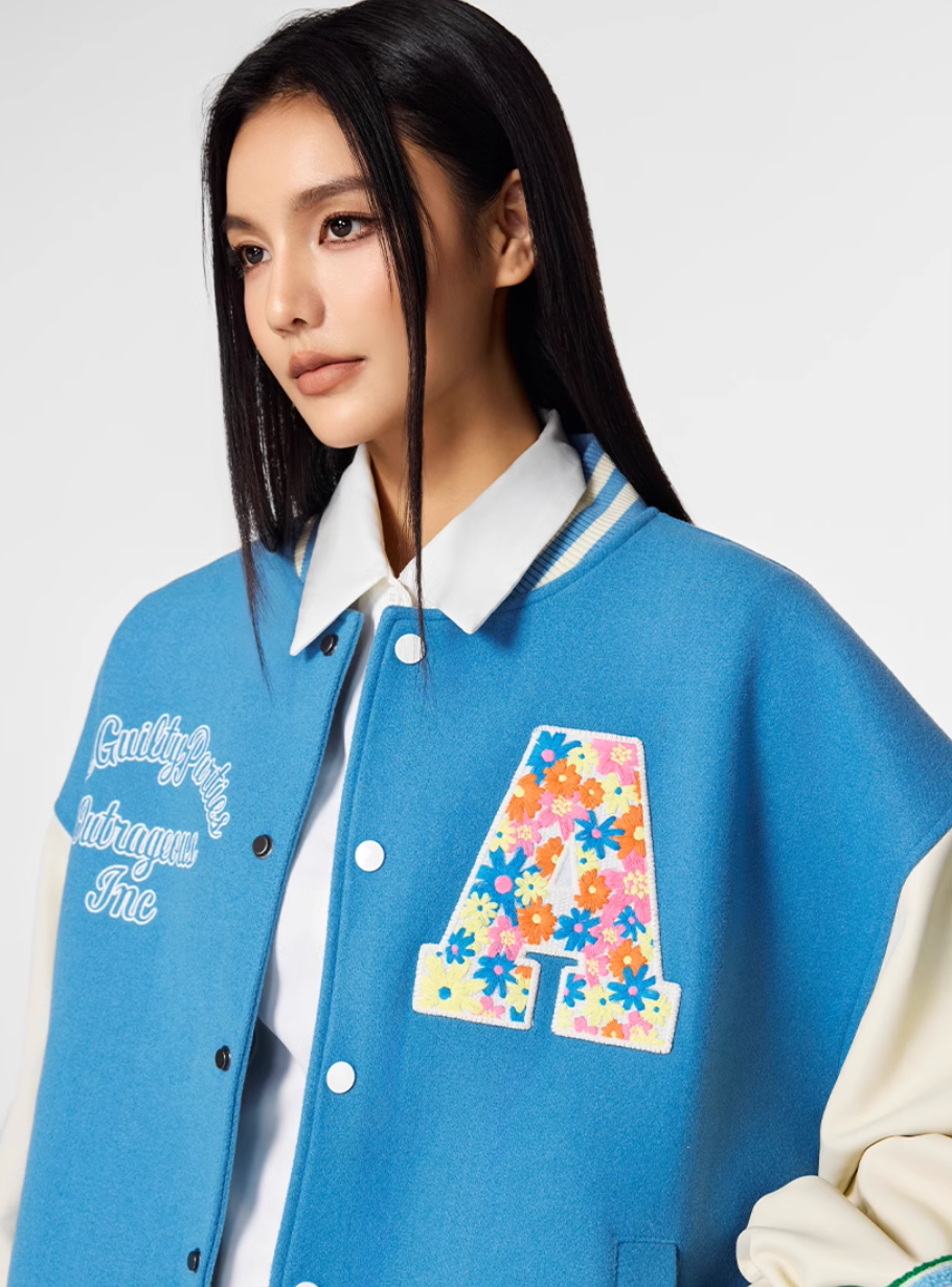 Racer varsity jacket | Achock Colorful Flower Logo Embroidery Varsity Jacket | Face 3 Face
