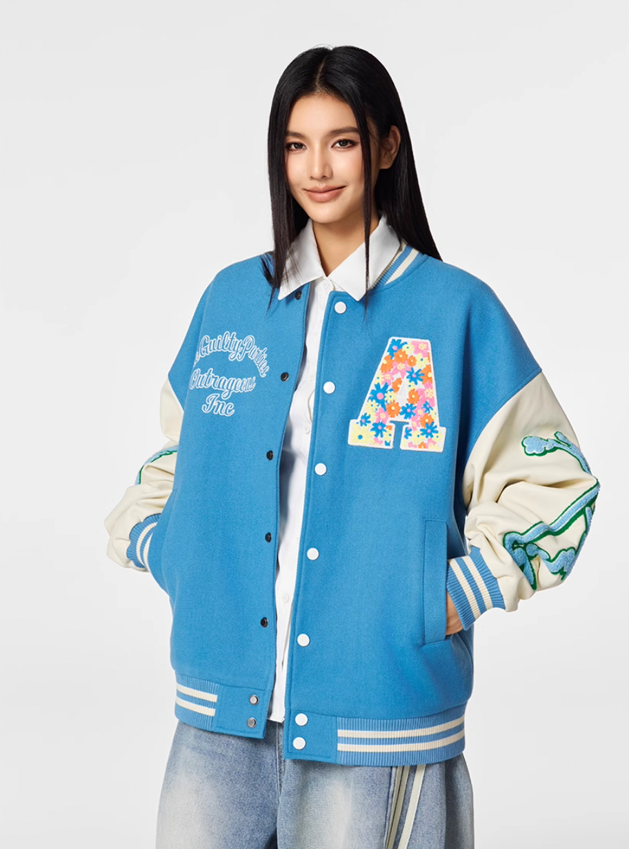 Racer varsity jacket | Achock Colorful Flower Logo Embroidery Varsity Jacket | Face 3 Face