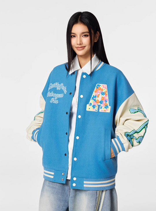 Racer varsity jacket | Achock Colorful Flower Logo Embroidery Varsity Jacket | Face 3 Face