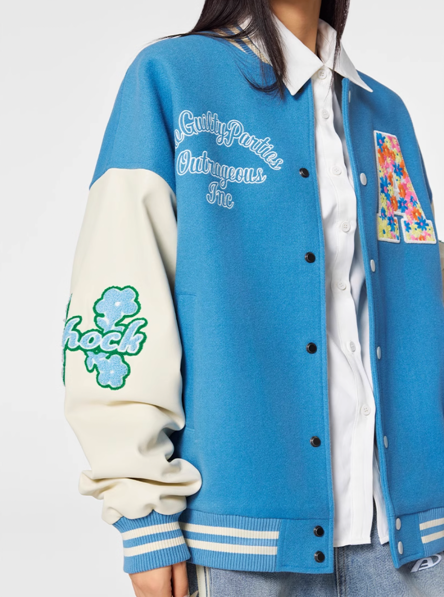 Racer varsity jacket | Achock Colorful Flower Logo Embroidery Varsity Jacket | Face 3 Face