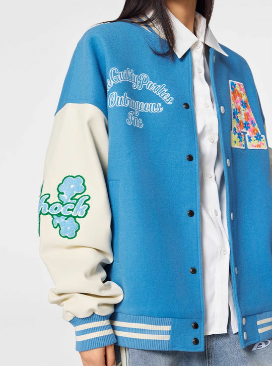 Racer varsity jacket | Achock Colorful Flower Logo Embroidery Varsity Jacket | Face 3 Face