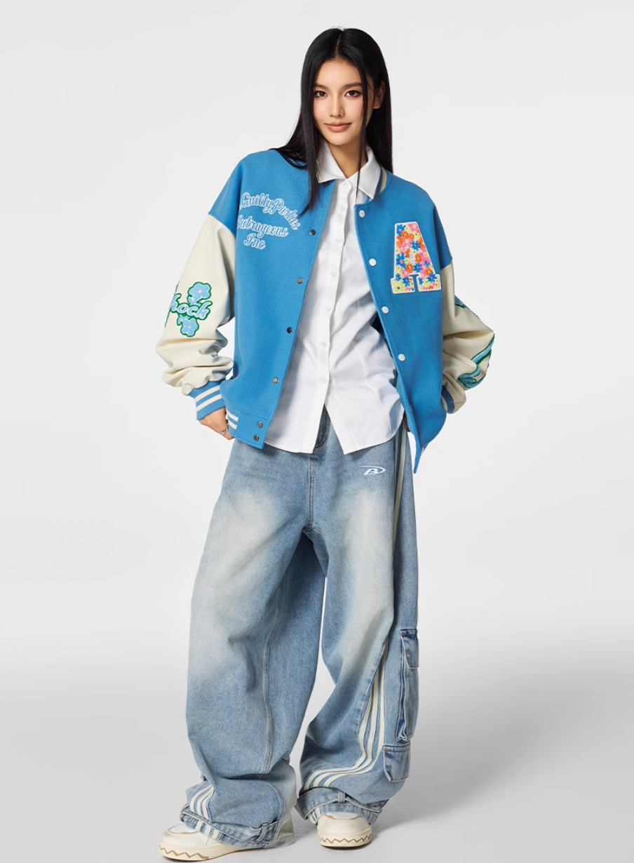 Racer varsity jacket | Achock Colorful Flower Logo Embroidery Varsity Jacket | Face 3 Face