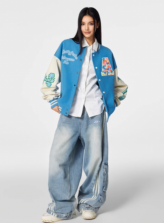 Racer varsity jacket | Achock Colorful Flower Logo Embroidery Varsity Jacket | Face 3 Face