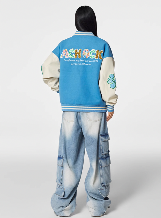 Racer varsity jacket | Achock Colorful Flower Logo Embroidery Varsity Jacket | Face 3 Face