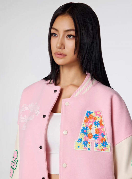 Racer varsity jacket | Achock Colorful Flower Logo Embroidery Varsity Jacket | Face 3 Face